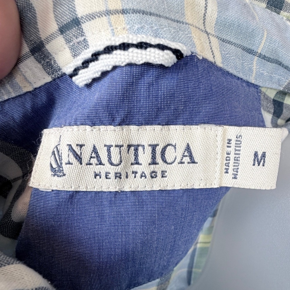 Nautica Heritage Plaid Button Down Shirt Mens M Blue Green Cotton Long Sleeve - Picture 4 of 8